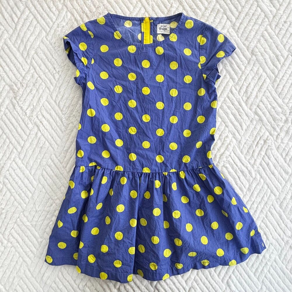Mini Boden Girls Blue & Yellow Polka Dot Dress 7-8Y Cotton Fit & Flare Back Zip